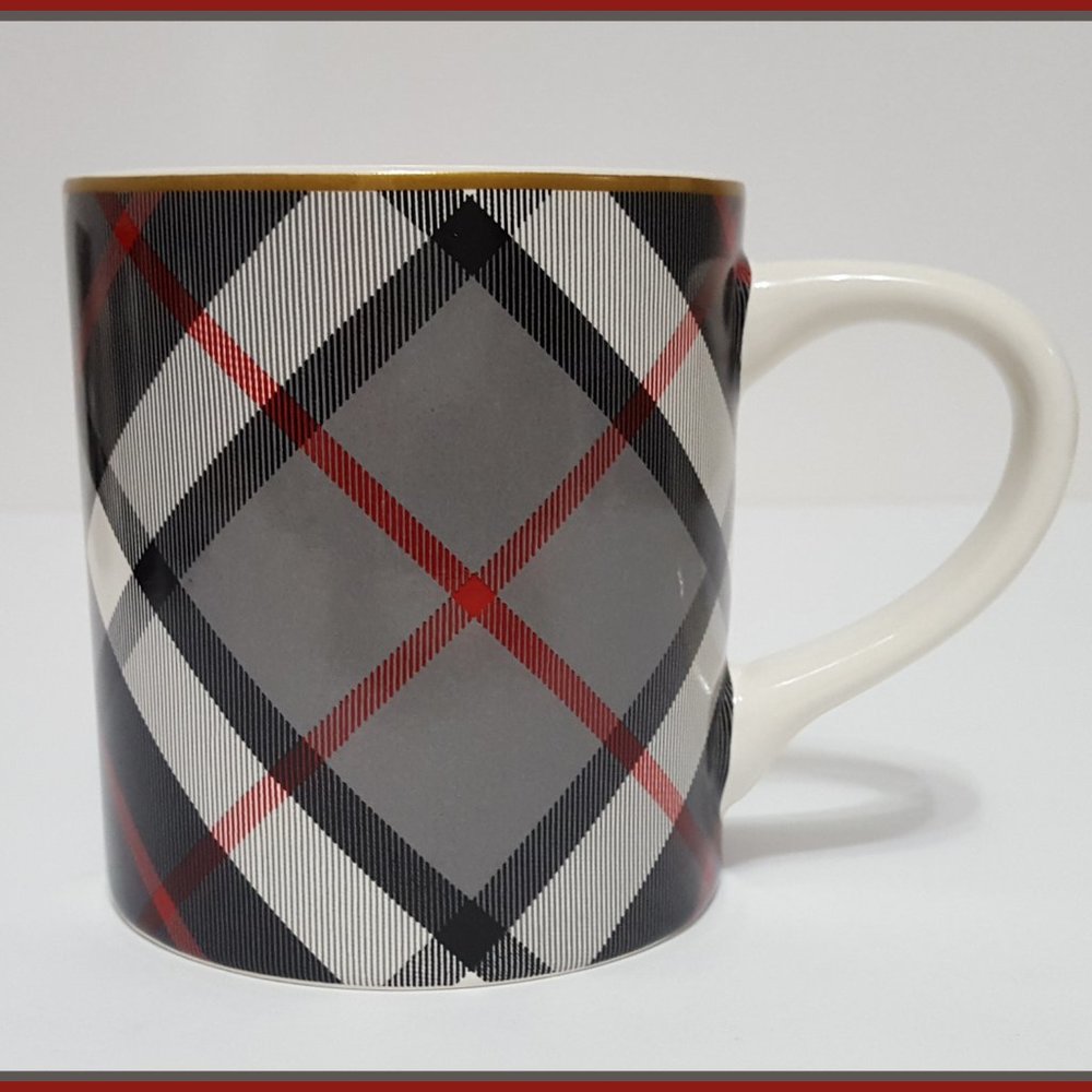 NEW RARE Williams Sonoma Gray Plaid Christmas Mug 14 OZ Stoneware